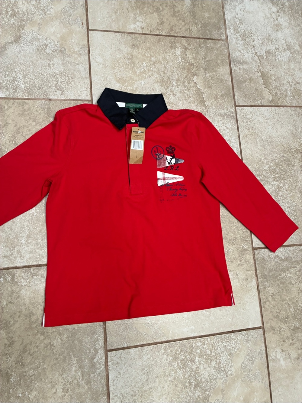 Lauren Ralph Lauren Red Polo Button-Down with Black Collar and Crest - Picture 4 of 7